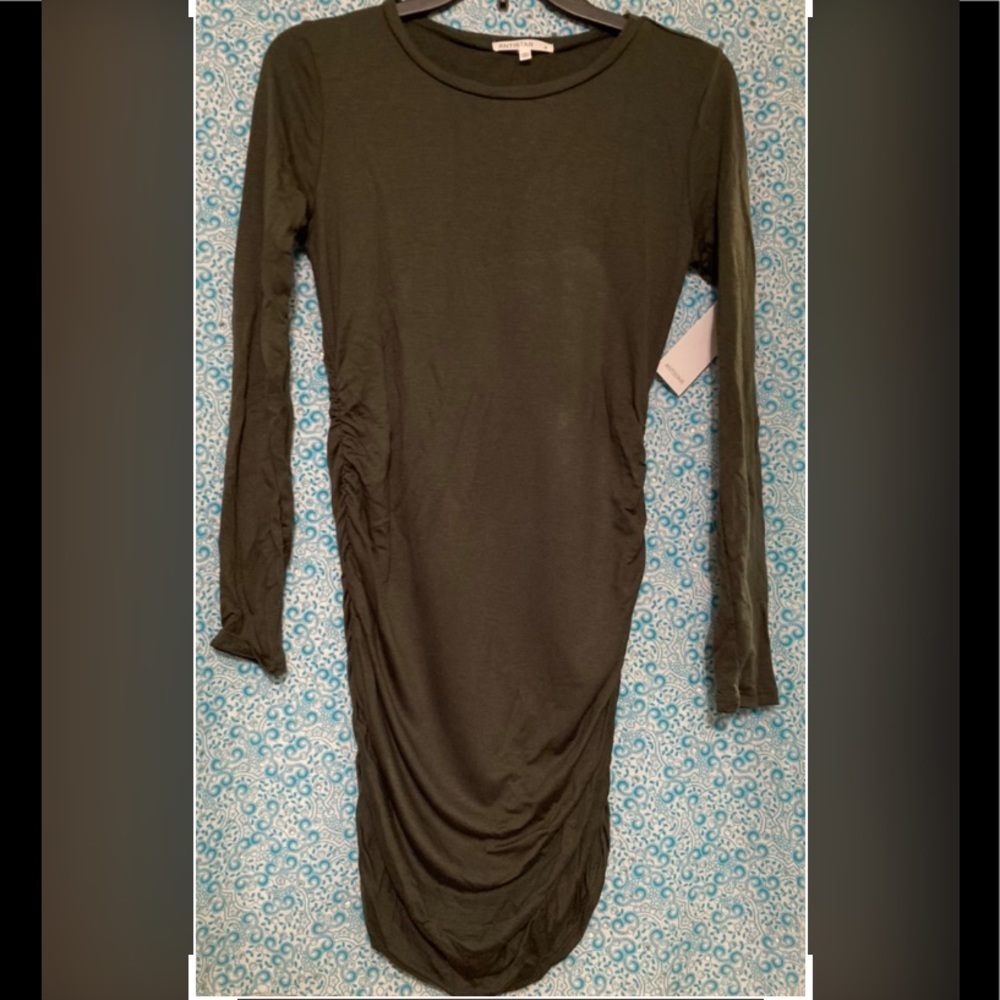 NWT antistar Long Sleeve Ruched Midi Dress in Olive Green